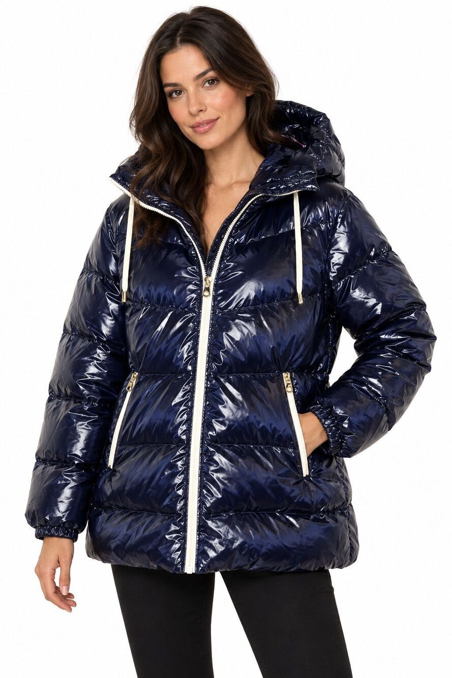Kate Spade New York Hooded Down Puffer Jacket Shiny Navy Blue Women’s XL New